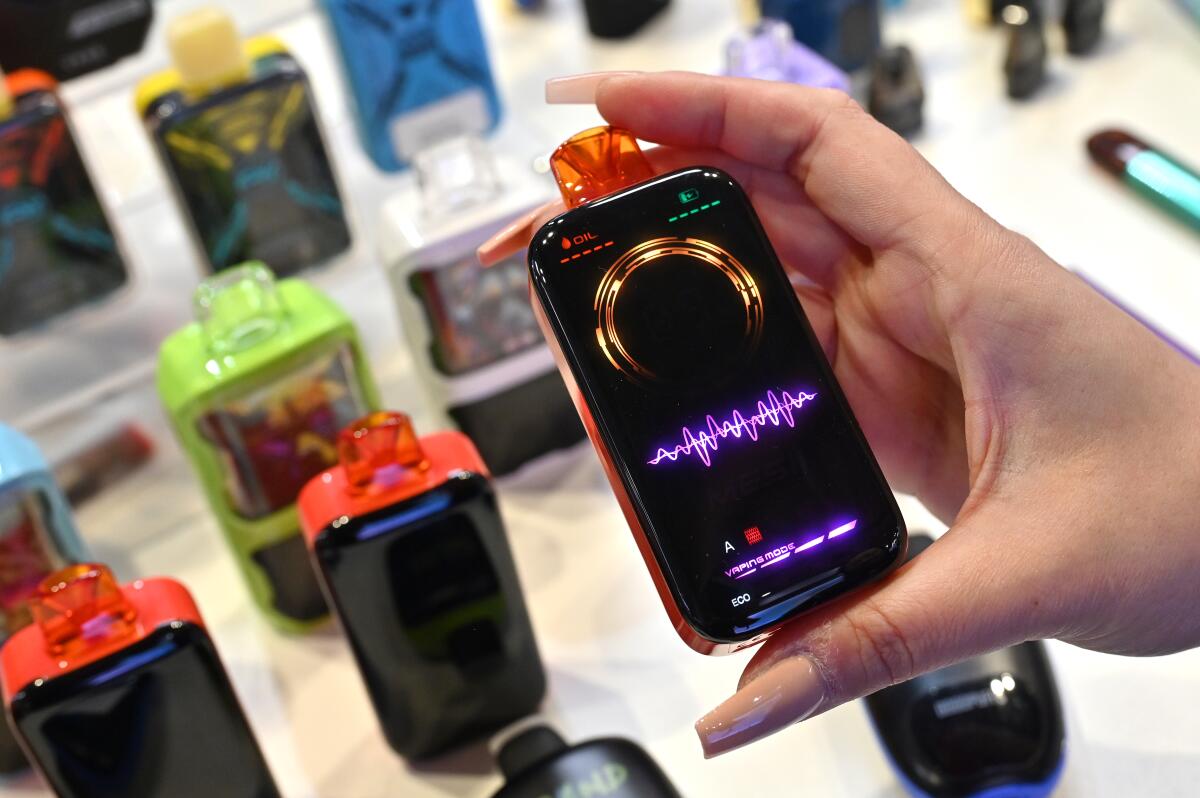 A Pking vape with a digital smart screen is displayed during the VAPER EXPO 2024 on May 10 in Birmingham, England. 