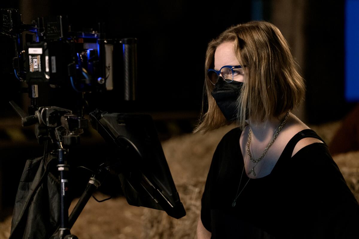 Director Sarah Polley wears a mask on the set of "Women Talking"