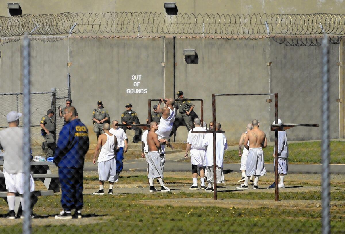 Inmates in the general population exercise yard at Pelican Bay State Prison in Crescent City, Calif.