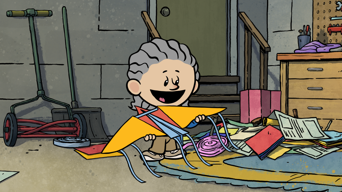 A cartoon version of Temple Grandin holding a handmade kite.