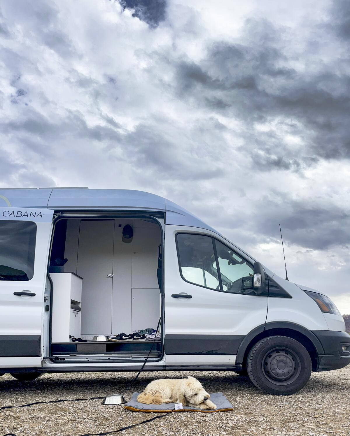 A dog lies on a pad outside an open van.