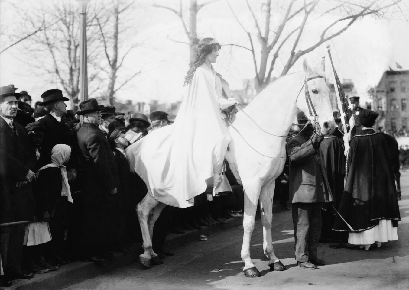 On March 3, 1913, 5,000 women marched in Washington to support the right of women to vote. Lawyer Inez Milholland led the procession in a white cape astride a white horse. Ceremonies in Washington on March 3, 2013 will honor the event.