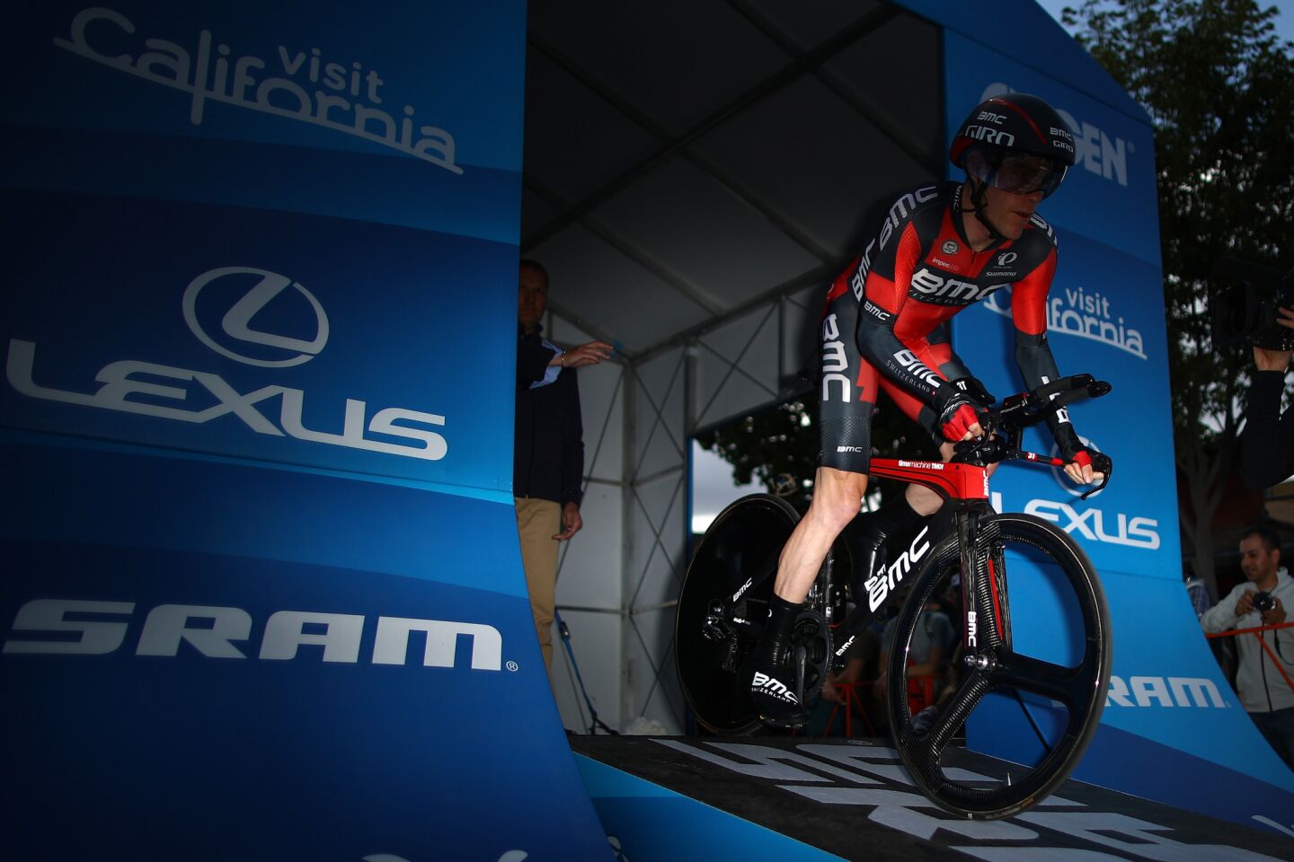 American Brent Bookwalter starts the individual time trial during the sixth stagte of the Amgen Tour of California on May 20 in Folsom.