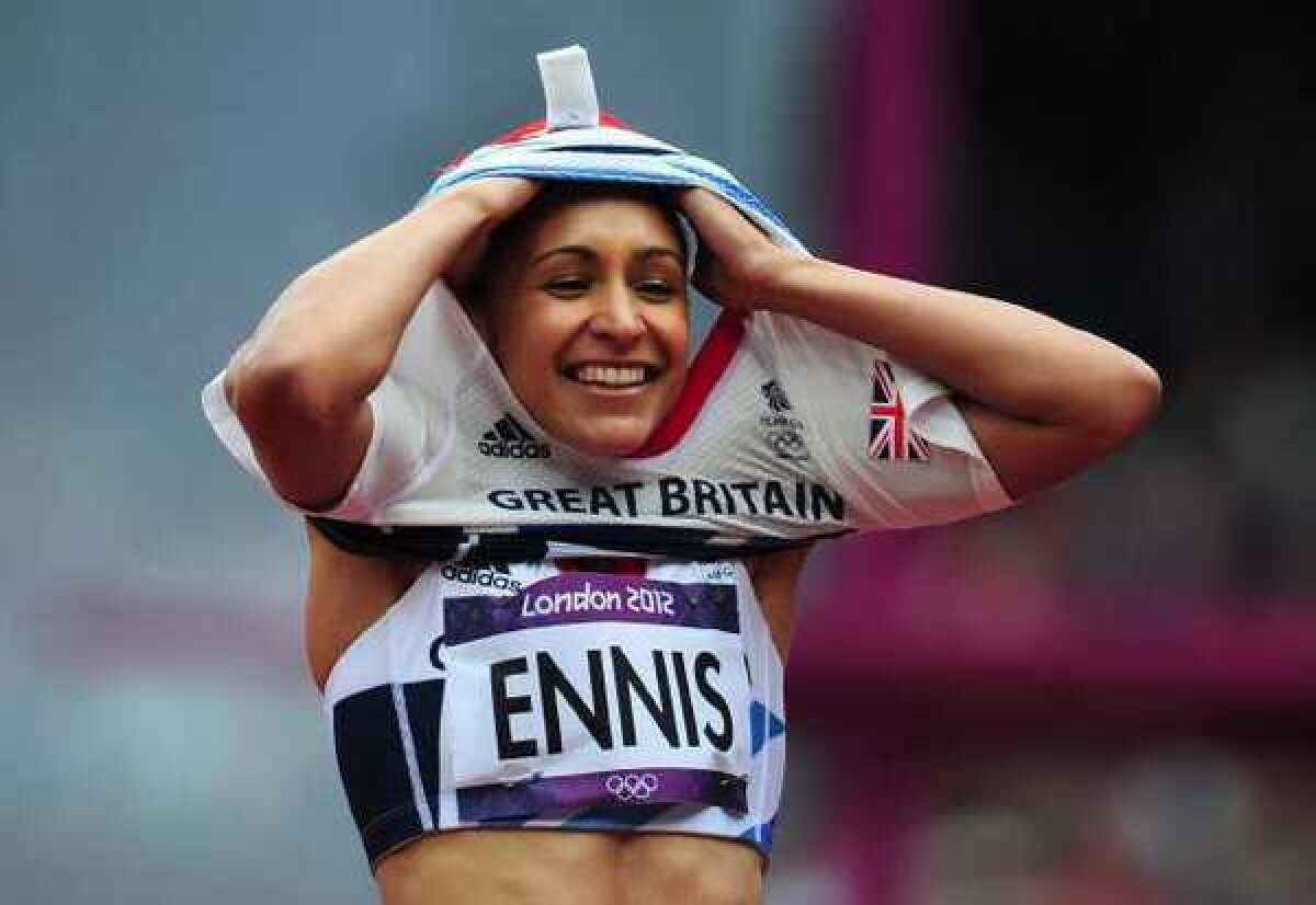 Jessica Ennis of Britain smiles while competing in the heptathlon on Friday.