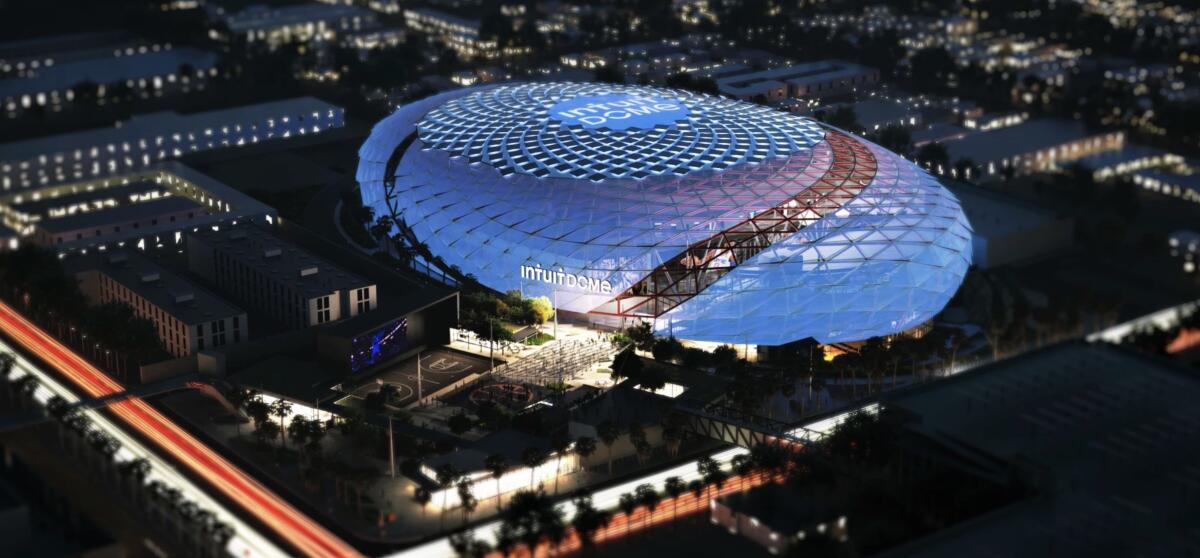 An artist’s rendering shows an aerial view of the Clippers’ new arena, the Intuit Dome, at night.