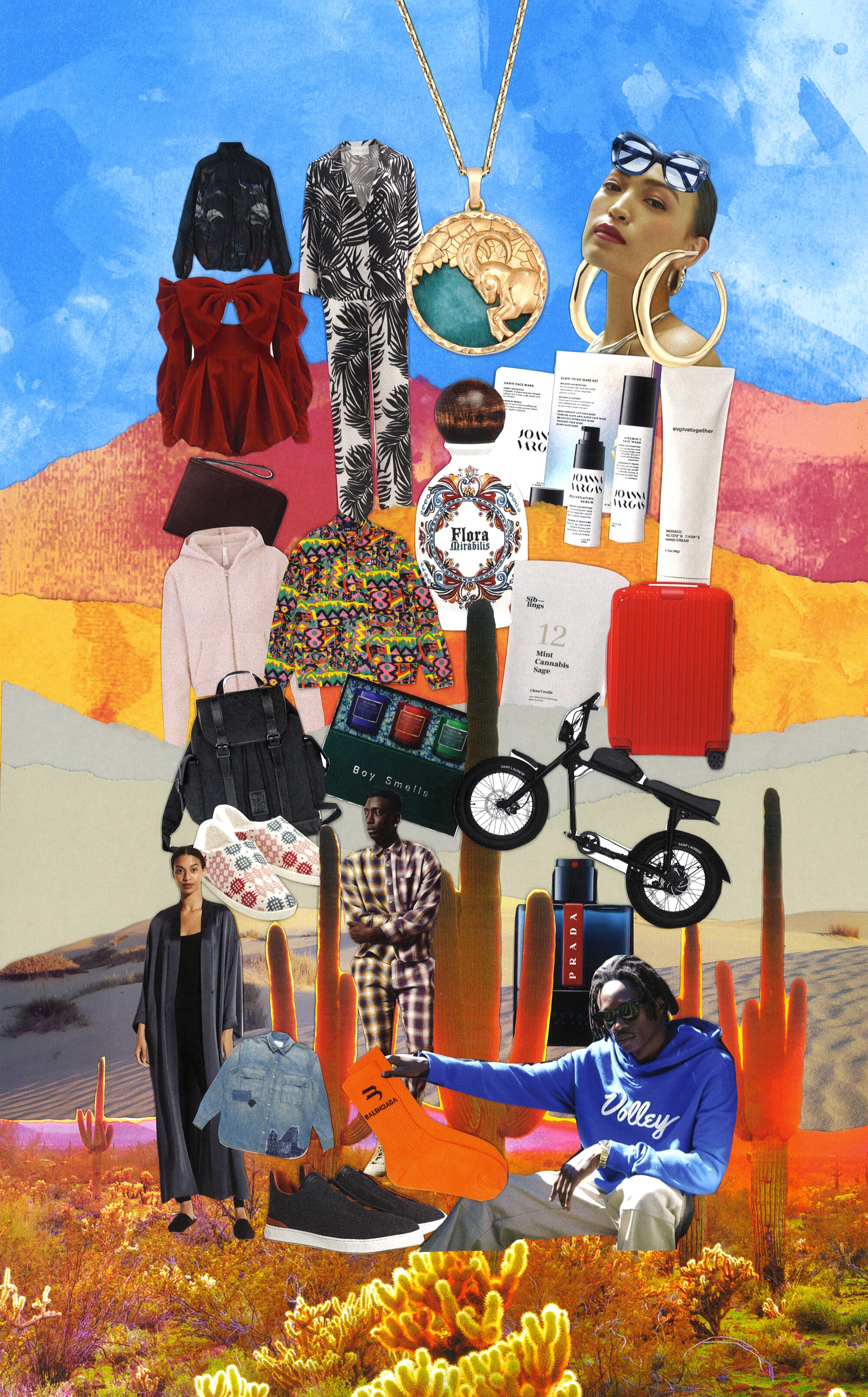 A collage of a desert landscape with a bike, shoes, clothing and people.