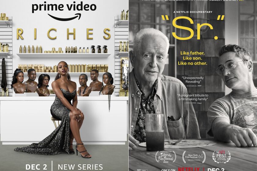 This combination of images shows promotional art for "Riches," a series premiering Dec. 2 on Amazon, left, and "Sr.," a documentary premiering on Netflix on Dec. 2. (Amazon via AP, left, and Netflix via AP)