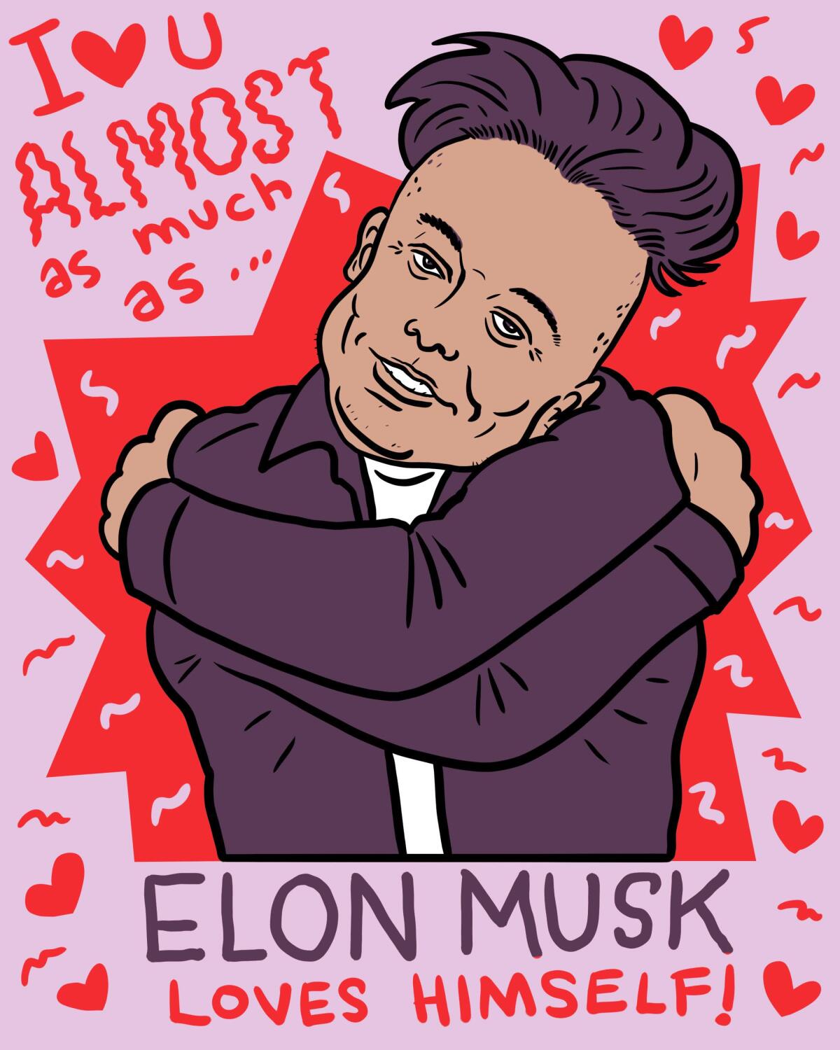 A Valentine's Day card with an illustration of Elon Musk hugging himself. 