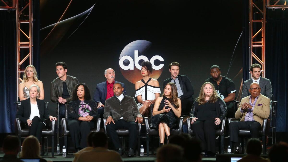 Actors Danielle Savre, from top left, Jay Hayden, Miguel Sandoval, Barrett Doss, Grey Damon, Okieriete Onaodowan, Alberto Frezza, EPs Betsy Beers and Shonda Rhimes, actors Jason George and Jaina Lee Ortiz and EP Stacy McKee and Paris Barclay at the TCA Press Tour in Pasadena.