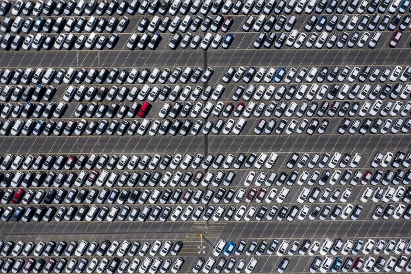 Long Beach, CA, SUNDAY, MAY 3, 2020, - Thousands of new cars are stored at Toyota logistics service yard at the port. (Robert Gauthier / Los Angeles Times)