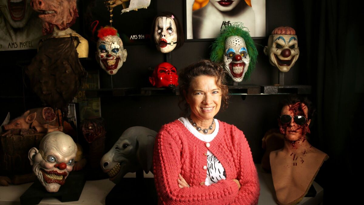 Heather Langenkamp, photographed earlier this month, went on to run the AFX effects studio in Los Angeles. Langenkamp with some of the many masks created at AFX.