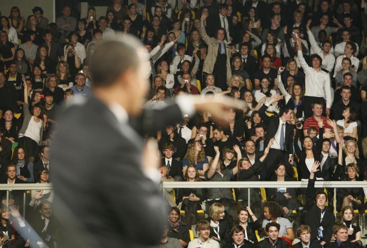 President Obama said, "there have been times where America's shown arrogance and been dismissive, even derisive" at a town hall-style meeting at Rhenus Sports Arena in Strasbourg, France.