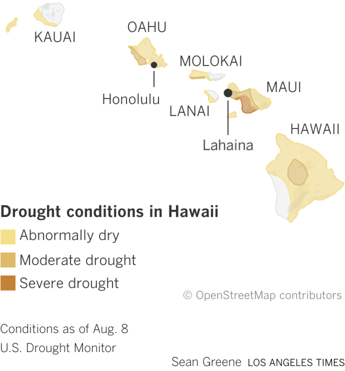 Map showing drought conditions on the Hawaiian islands, where large parts of western Maui is in severe and moderate drought.