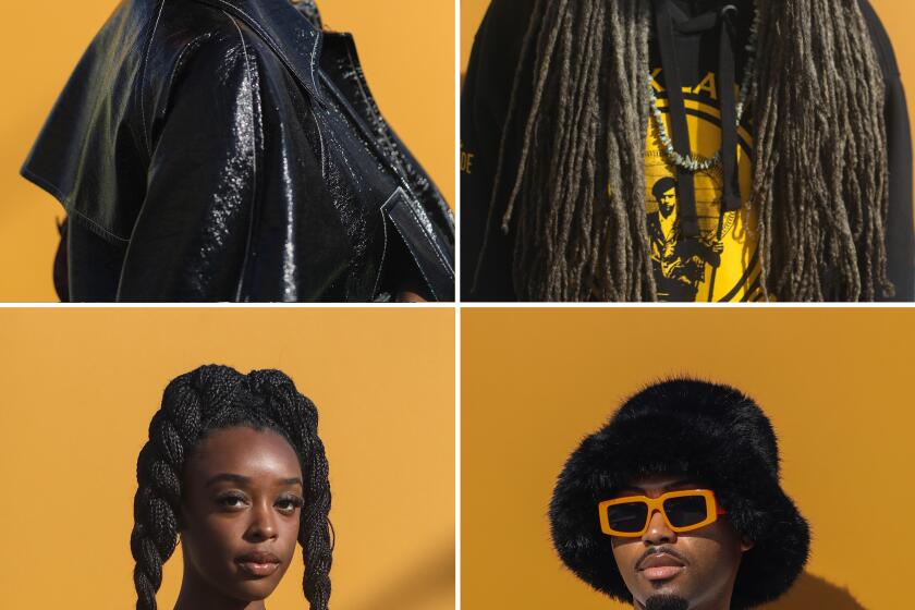 LOS ANGELES, CA - JANUARY 28: (Clockwise from top left) Folasade Adeoso of Echo Park , Rasta Kev of Mid-City , Aaron Smith of South Central, and Julia Alexander pose for a portraits while attending Black Market Flea held at The Beehive, an event space and hub for state-of-the-art Technology and Entrepreneurship Center for emerging creatives, and future tech leaders of South LA on Saturday, Jan. 28, 2023 in Los Angeles, CA. (Jason Armond / Los Angeles Times)