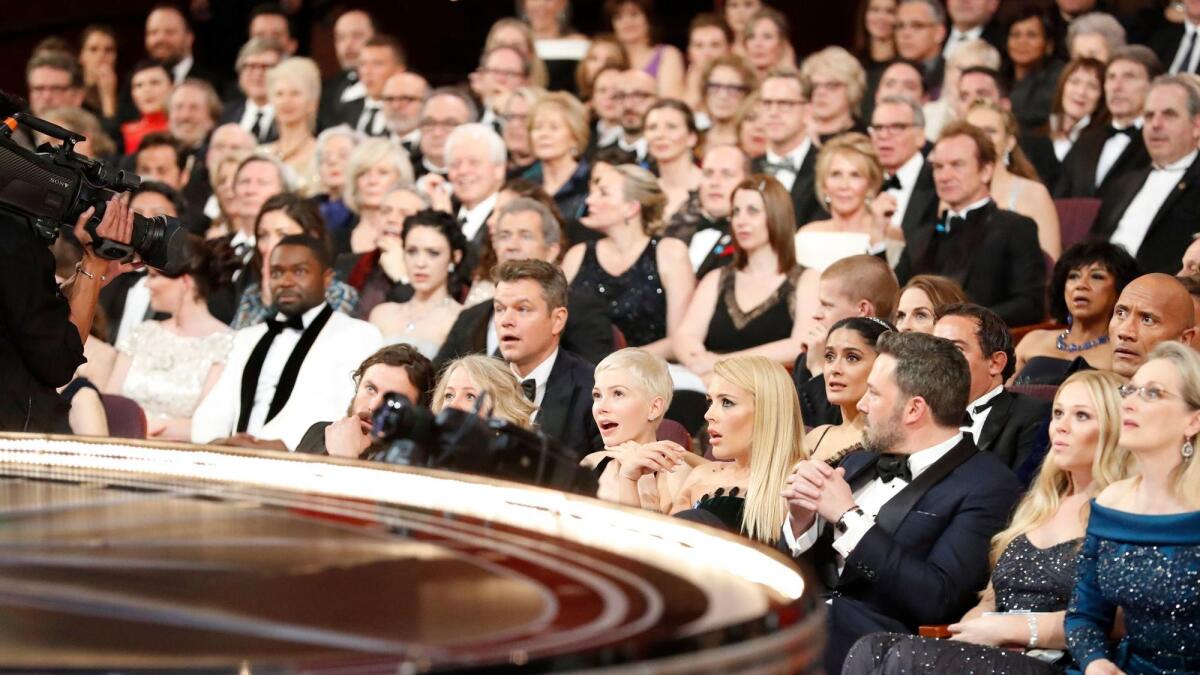 The stunned audience after "La La Land" was mistakenly announced as best picture over "Moonlight" at last year's Academy Awards.
