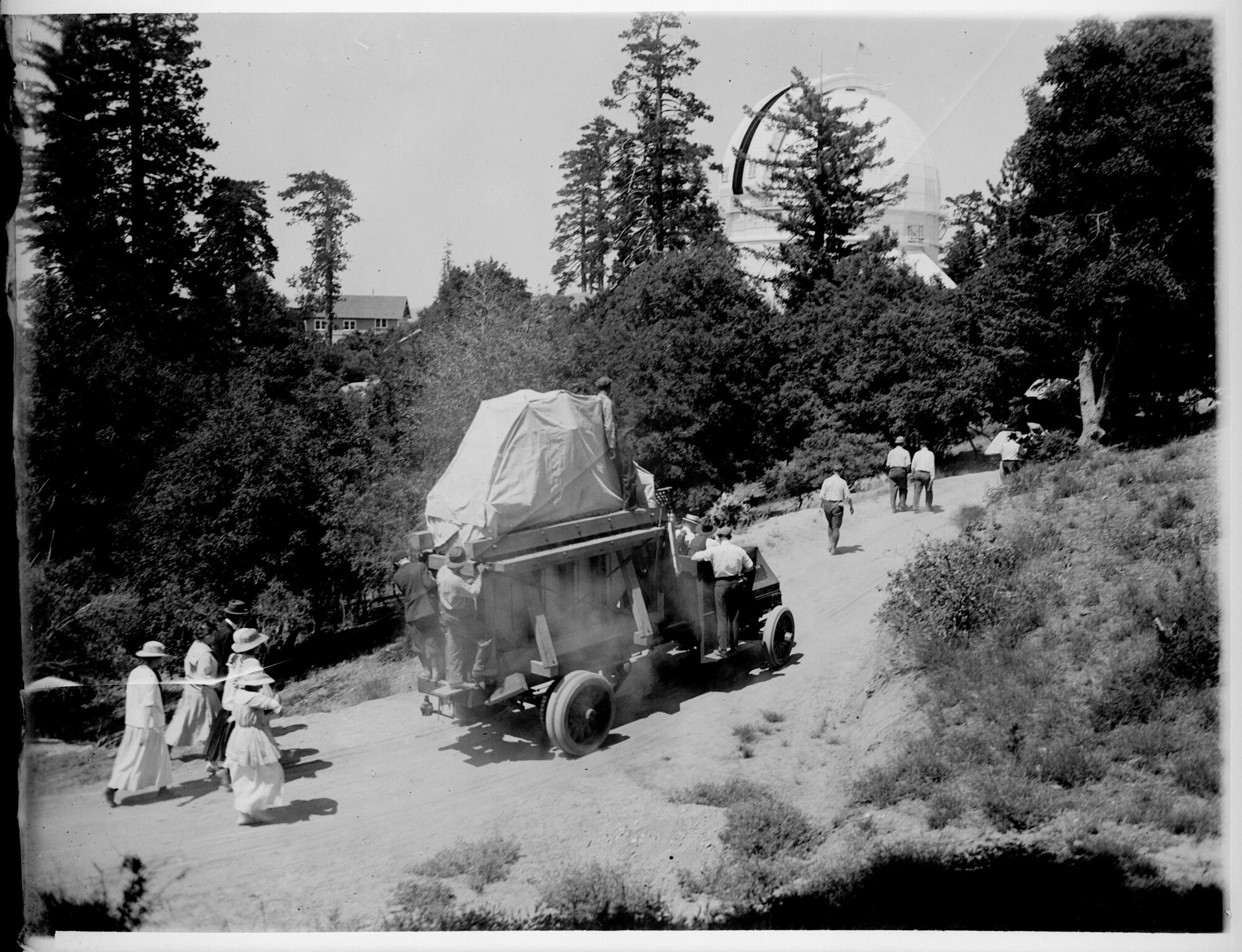 The 100-inch telescope mirror is transported to Mt. Wilson Observatory in July 1917. 