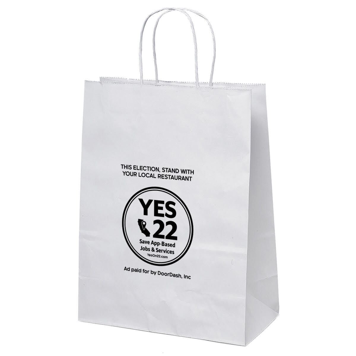A delivery bag is emblazoned with "Yes 22. Save App-Based Jobs & Services." Below, it says "Ad paid for by DoorDash."