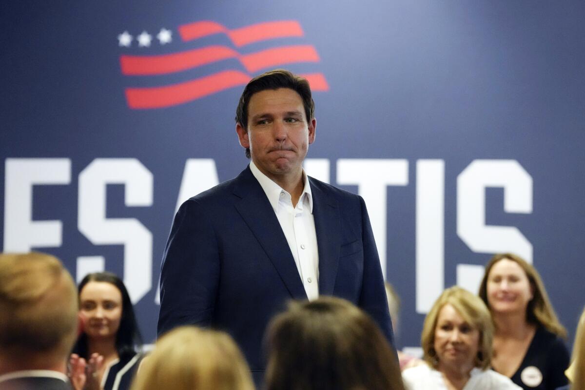 Florida Gov. Ron DeSantis, a Republican candidate for president, speaks at a campaign event in Tega Cay, S.C.