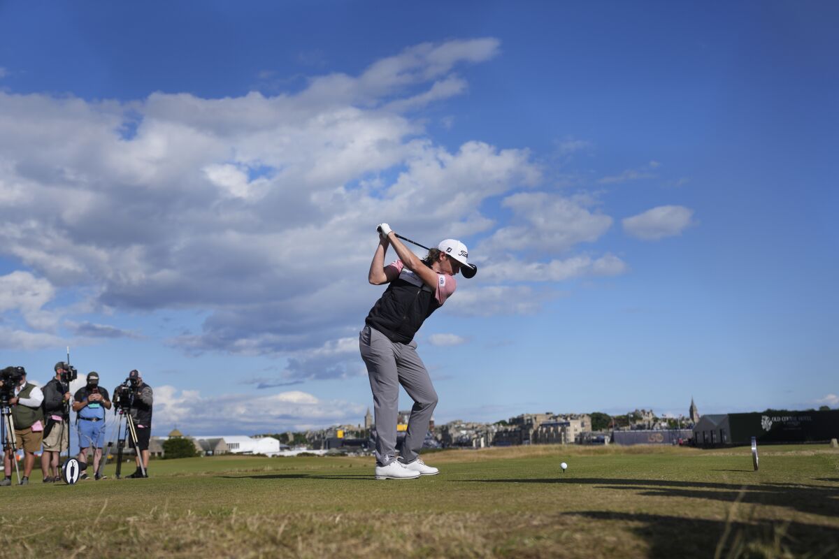 Cameron Smith, of Australia, plays from the 17th tee during the second round of the British Open golf championship on the Old Course at St. Andrews, Scotland, Friday July 15, 2022. The Open Championship returns to the home of golf on July 14-17, 2022, to celebrate the 150th edition of the sport's oldest championship, which dates to 1860 and was first played at St. Andrews in 1873. (AP Photo/Alastair Grant)