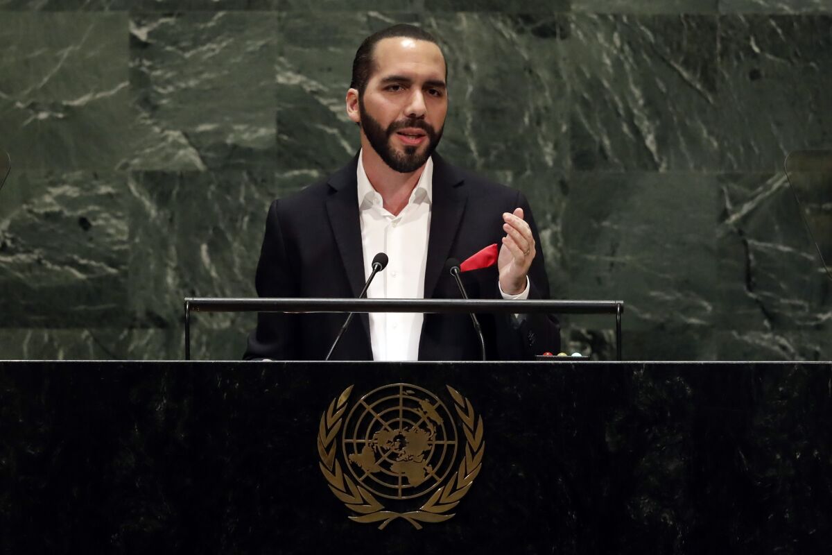 El Salvador's President Nayib Bukele addresses the United Nations General Assembly in 2019