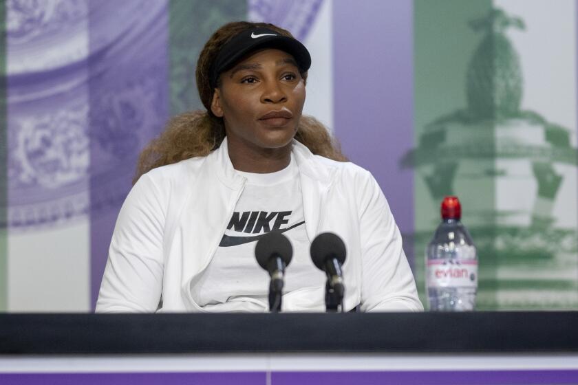 USA's Serena Williams attends a press conference, ahead of the Wimbledon Tennis Championships, in London, Sunday, June 27, 2021. (Florian Eisele/Pool Photo via AP)