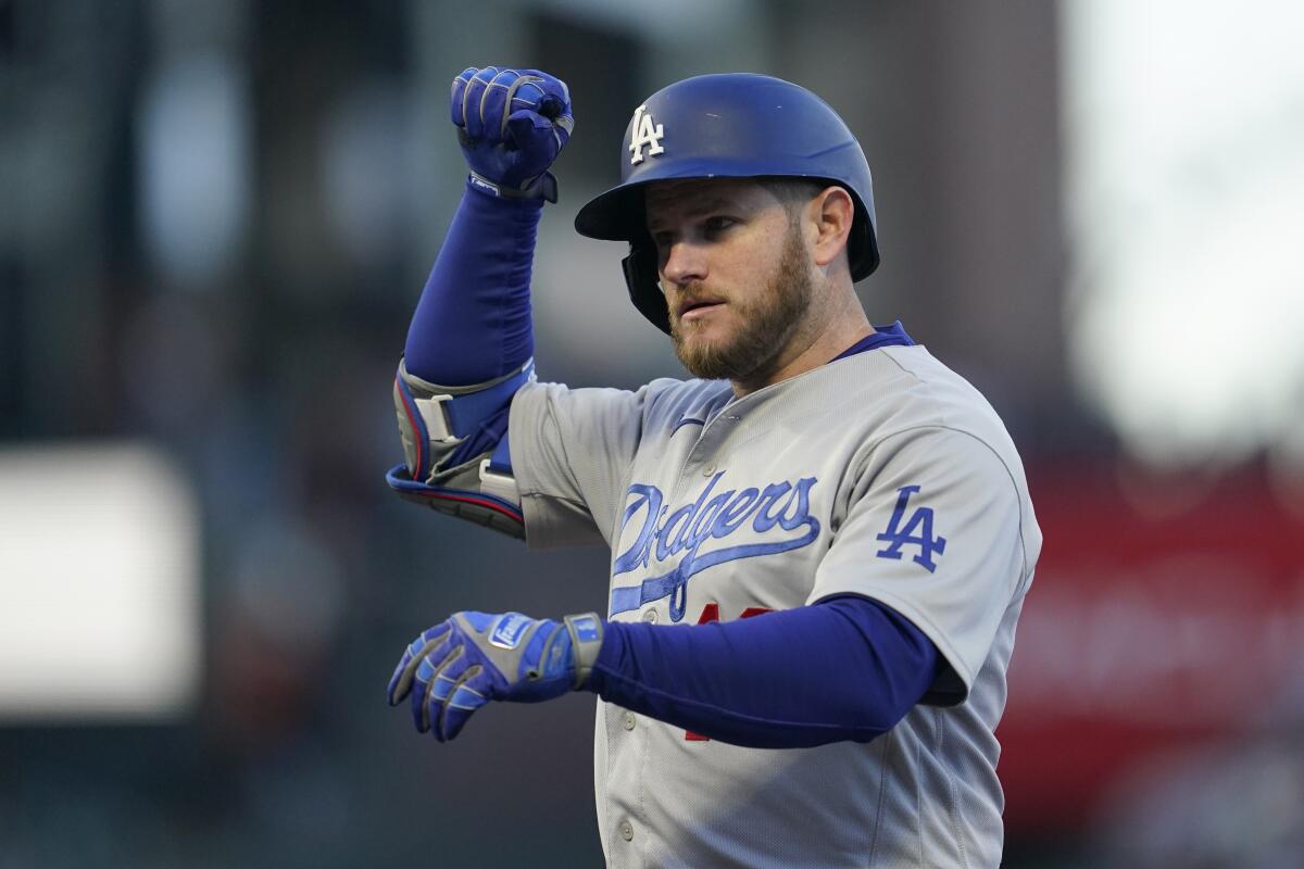 Max Muncy celebrates during a game against the San Francisco Giants on Aug. 3.