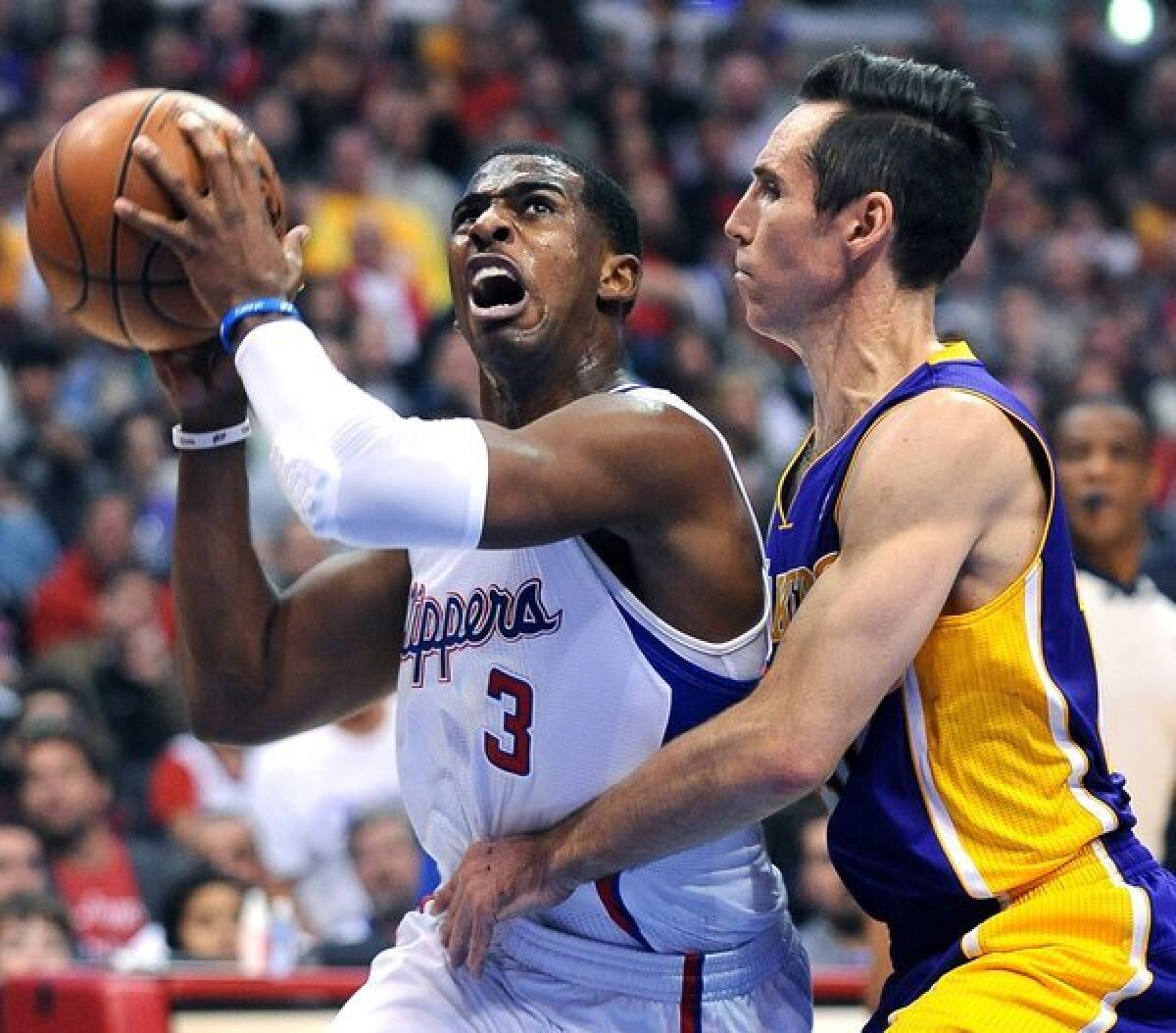 Clippers guard Chris Paul, left, drives to the basket on Lakers guard Steve Nash at Staples Center.