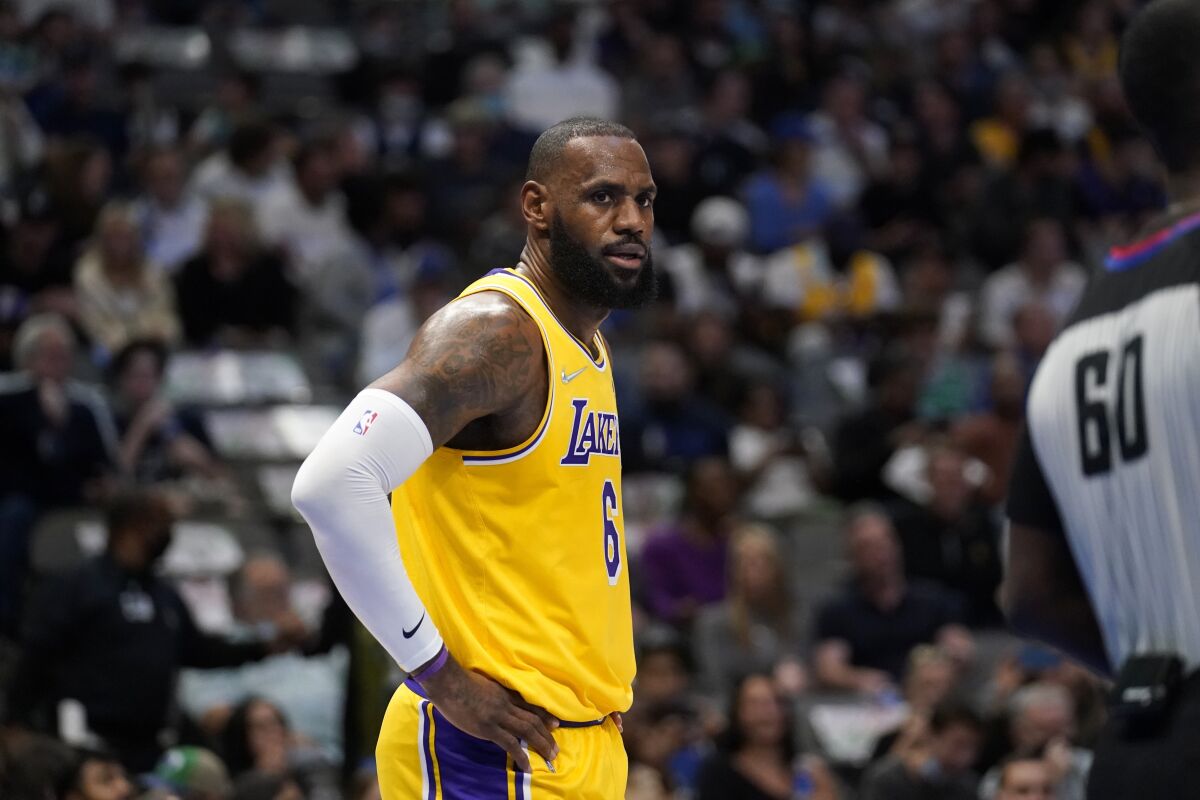 Lakers forward LeBron James looks on during a game.