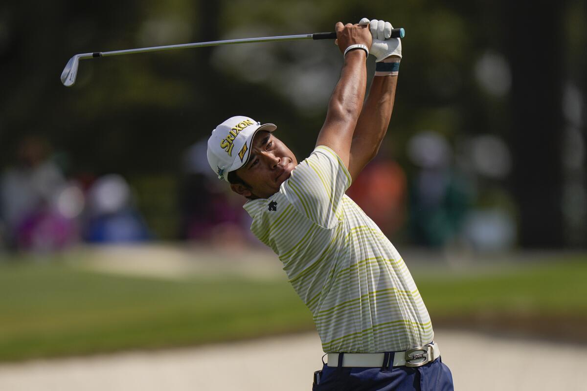 Hideki Matsuyama tees off during the final round of the Masters.