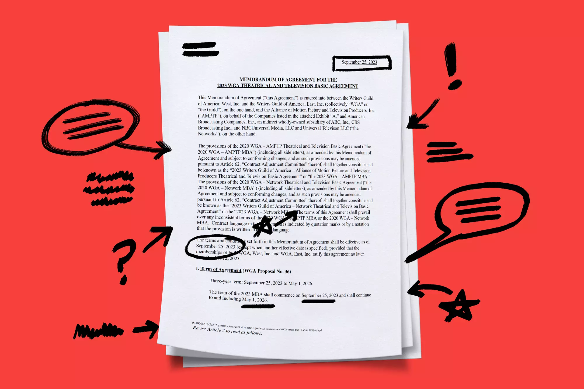 Photo illustration of annotated agreement document.