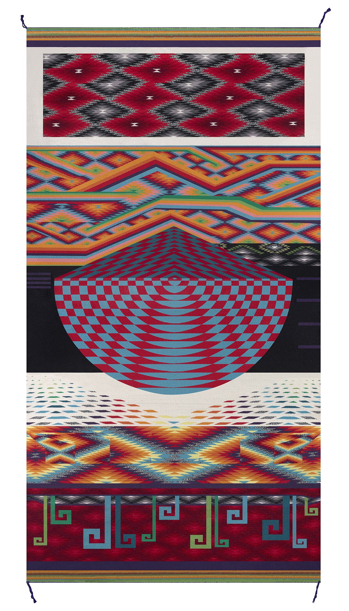 A textile with several different colorful patterns.