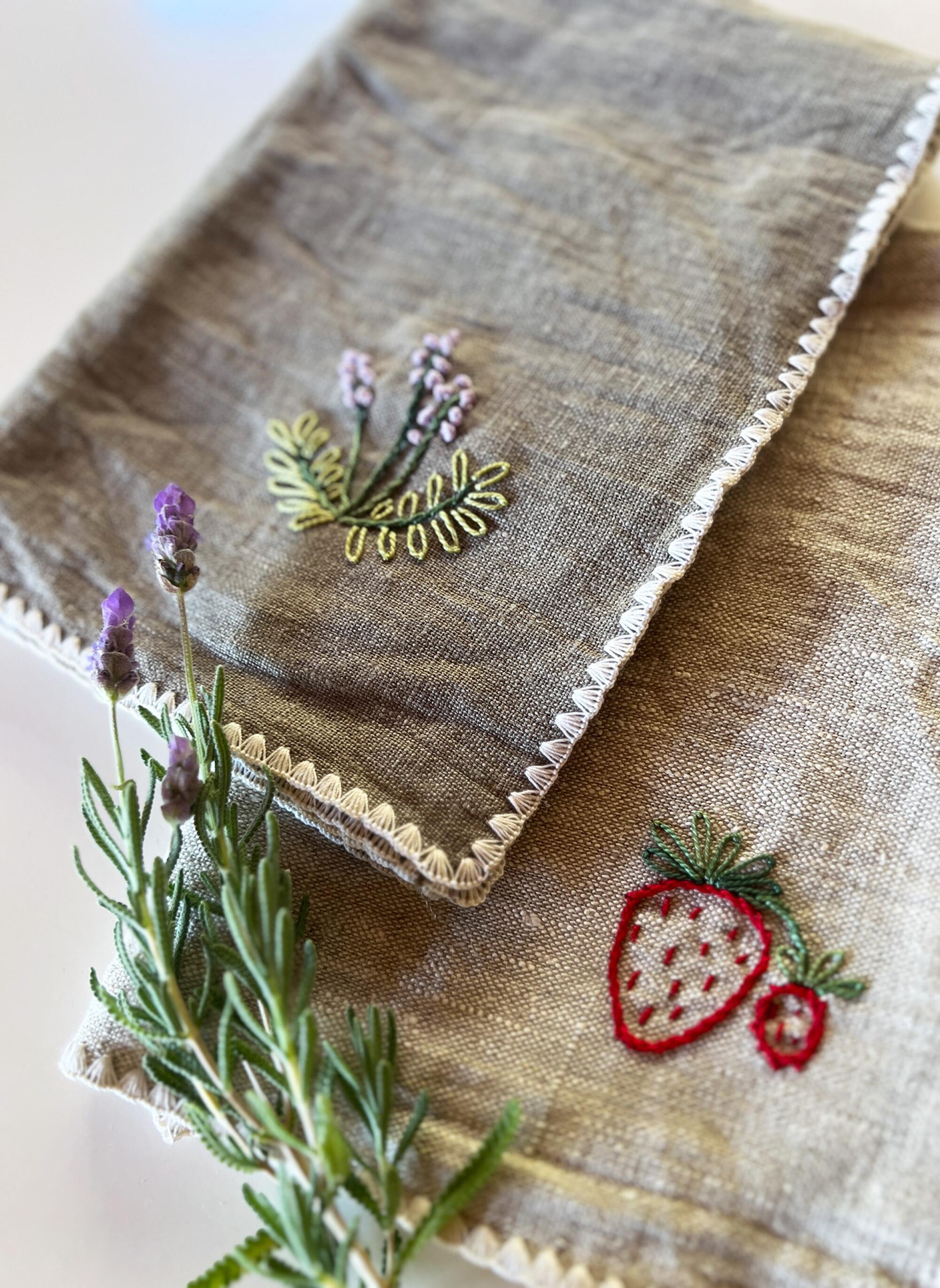 Embroidered Linen Napkins - Set of 6 - Two of each design - Norwegian Wood