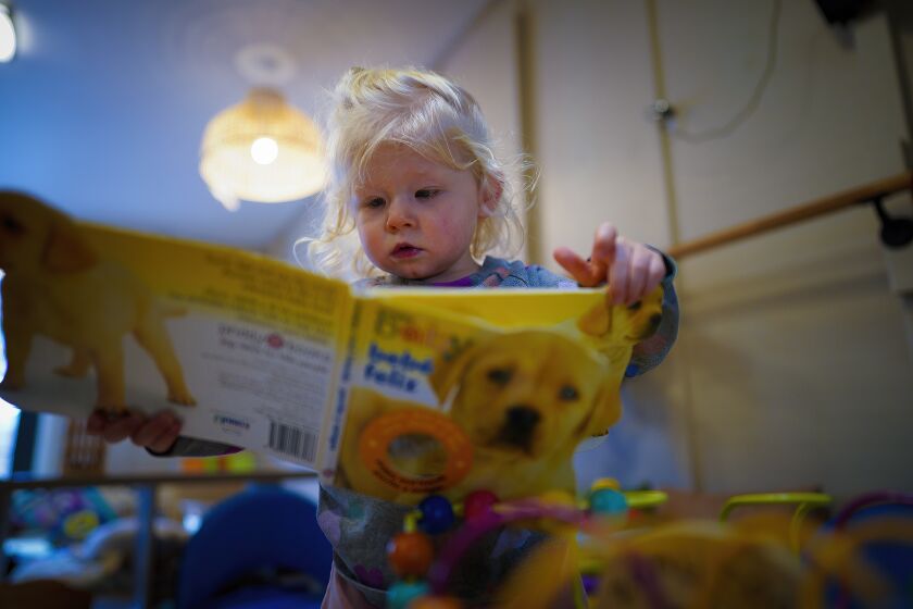 Fallbrook, CA - January 04: At Buds & Blossoms Preschool on Wednesday, Jan. 4, 2023 in Fallbrook, CA., Lydia entertained herself with one of the many books at the childcare facility. (Nelvin C. Cepeda / The San Diego Union-Tribune)