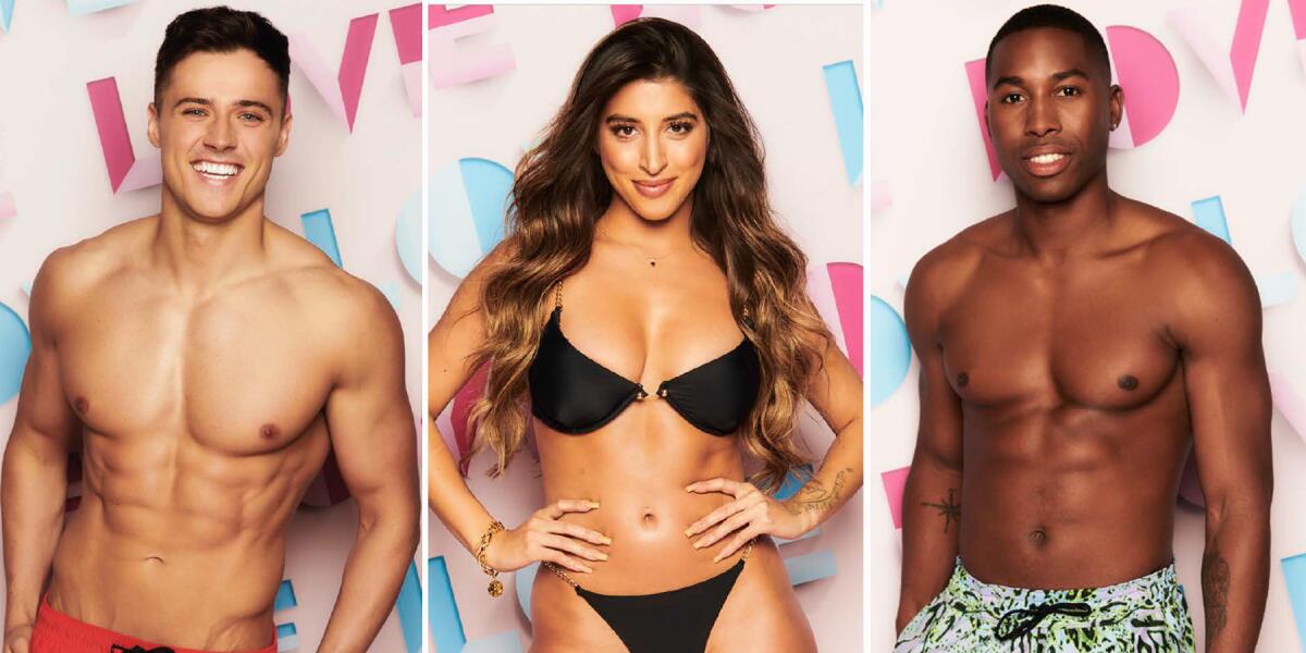 "Love Island" contestants Brad McClelland, left, Shannon Singh and Aaron Francis.