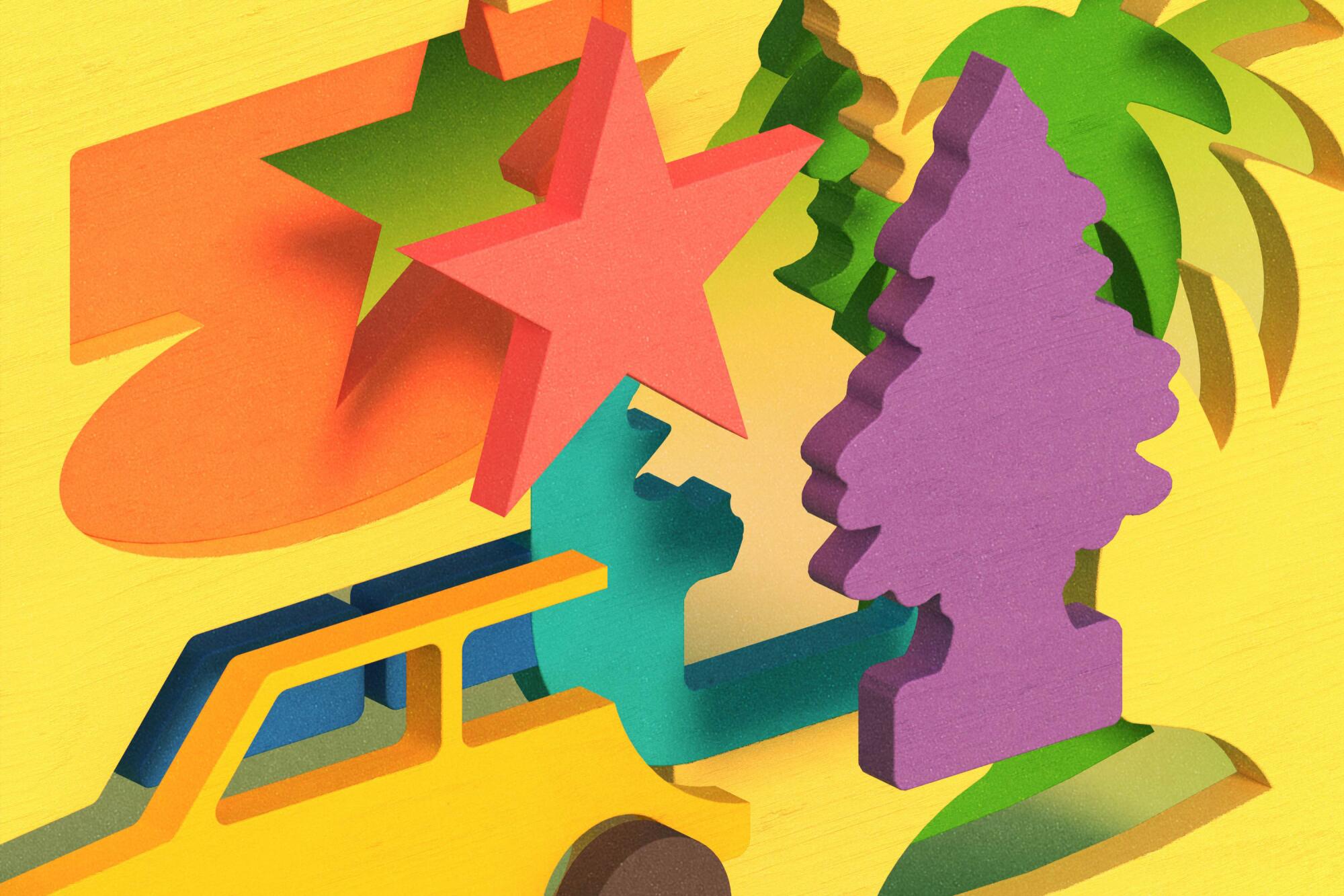 A colorful puzzle with shapes including a star, a car, a tree-shaped car freshener, and a palm tree