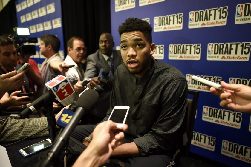 Karl-Anthony Towns speaks at a media event Wednesday ahead of the 2015 NBA Draft at Barclays Center in Brooklyn, N.Y.