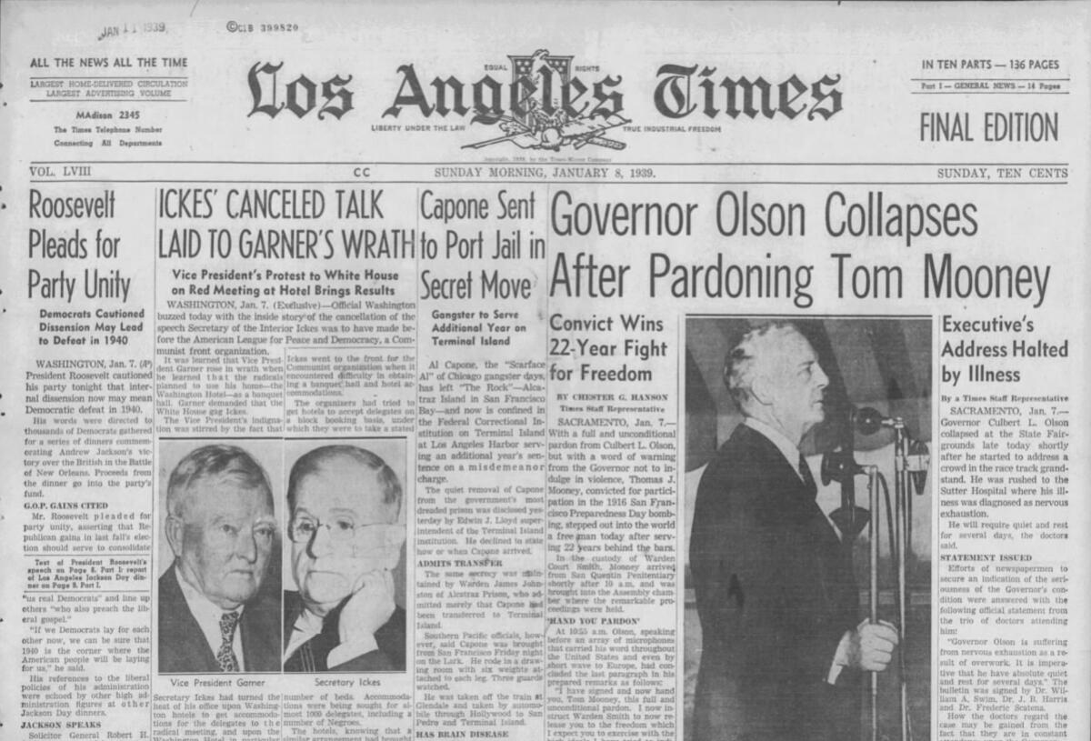 An L.A. Times front page from Jan. 8, 1939, contains a headline that reads "Capone Sent to Port Jail in Secret Move."