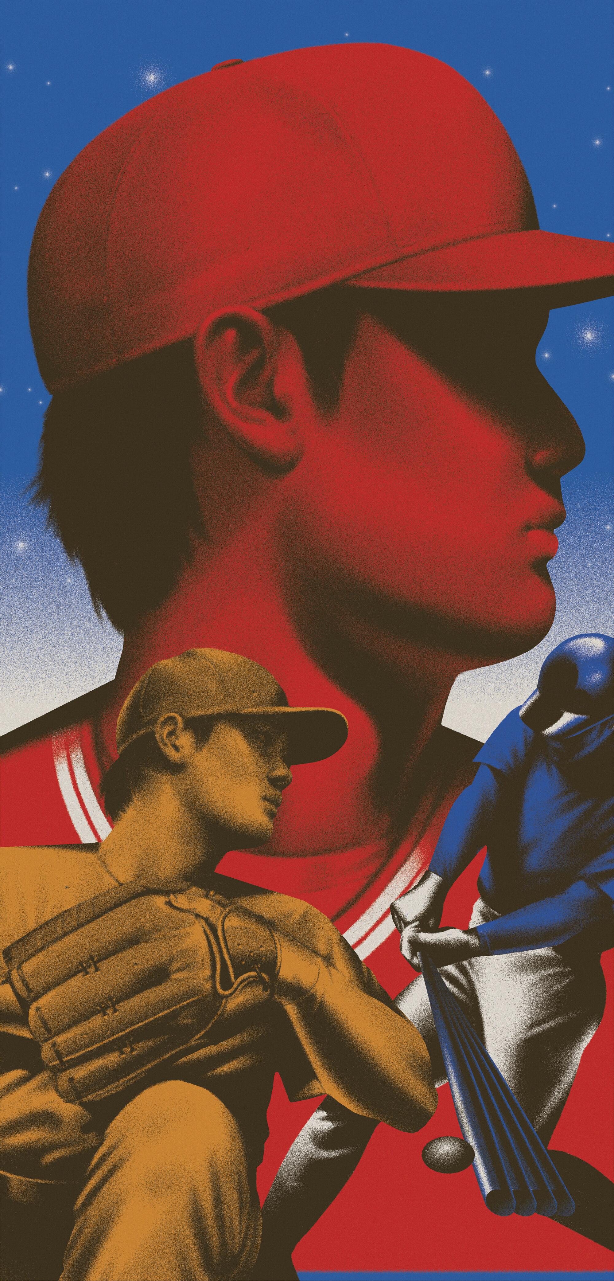 Illustration of three Shohei Ohtanis; one in side profile, one of him hitting a ball and one of him pitching.