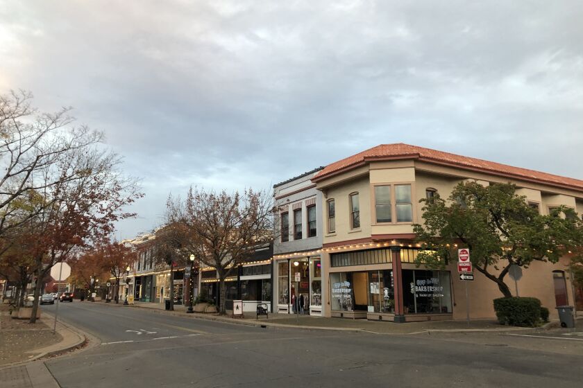 Montgomery Street, in downtown Oroville, at dusk.