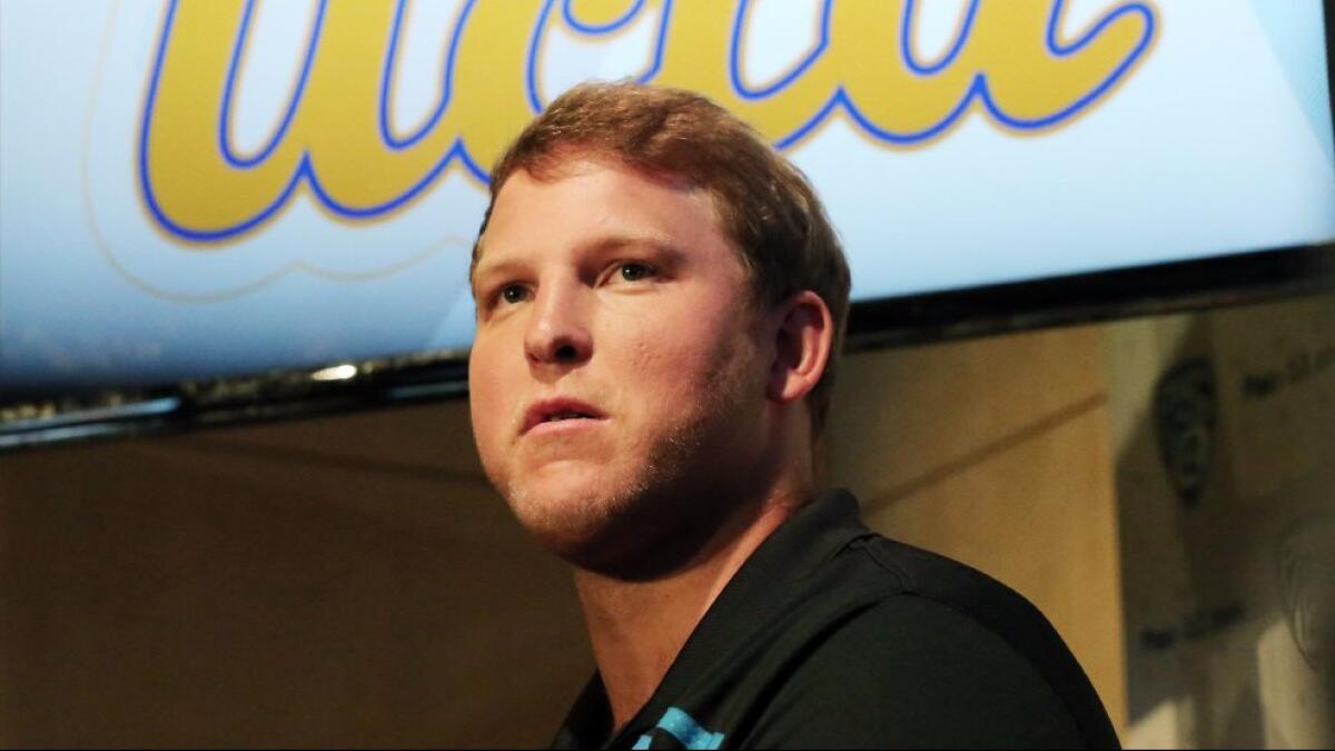 UCLA offensive lineman Conor McDermott answers questions during Pac-12 media days on July 15.