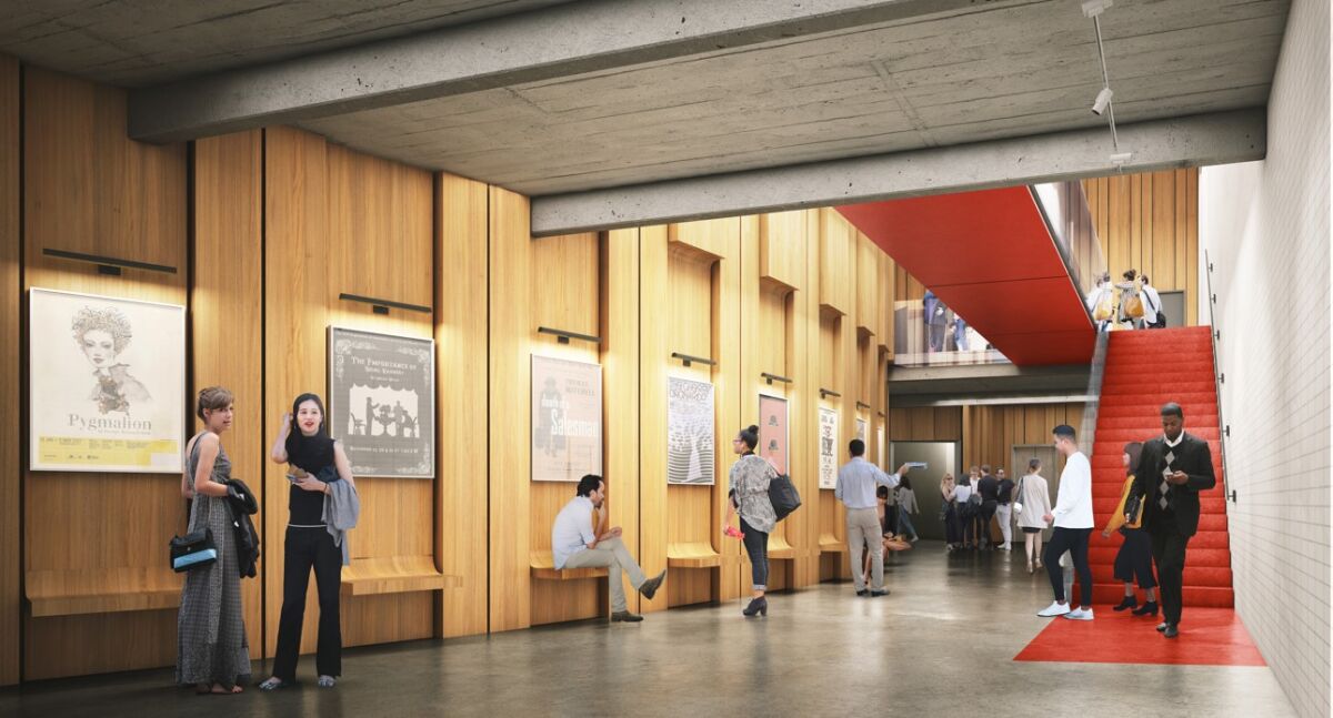 A rendering of the lobby in UCLA's new Whitney Family Theater in the Freud Playhouse, which will debut in early to mid-2024.