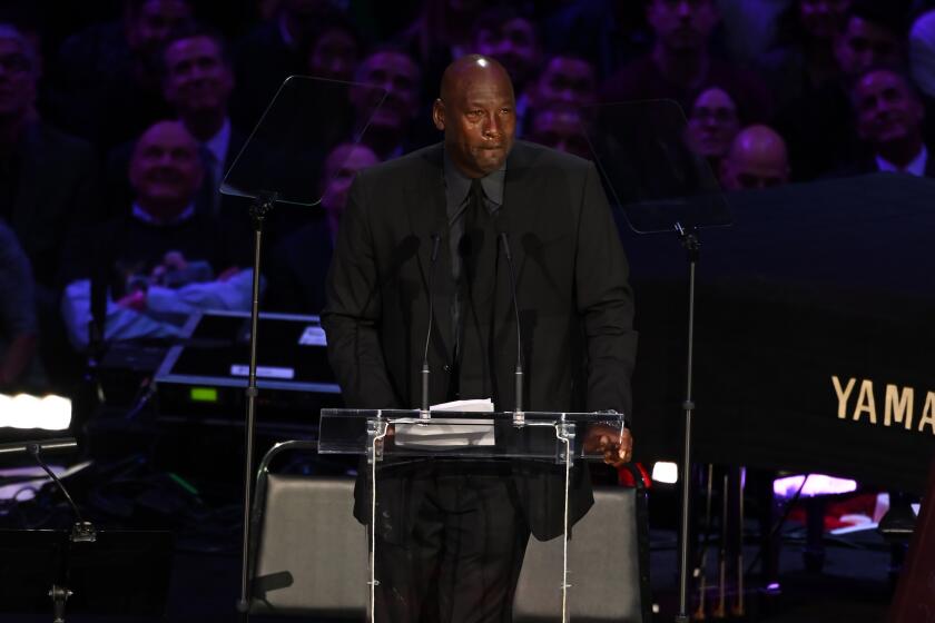 LOS ANGELES, CA., Michael Jordan speaks at the Kobe & Gianna Bryant Celebration of Life on Monday at Staples Center on Monday 24, 2020 (Wally Skalij / Los Angeles Times)