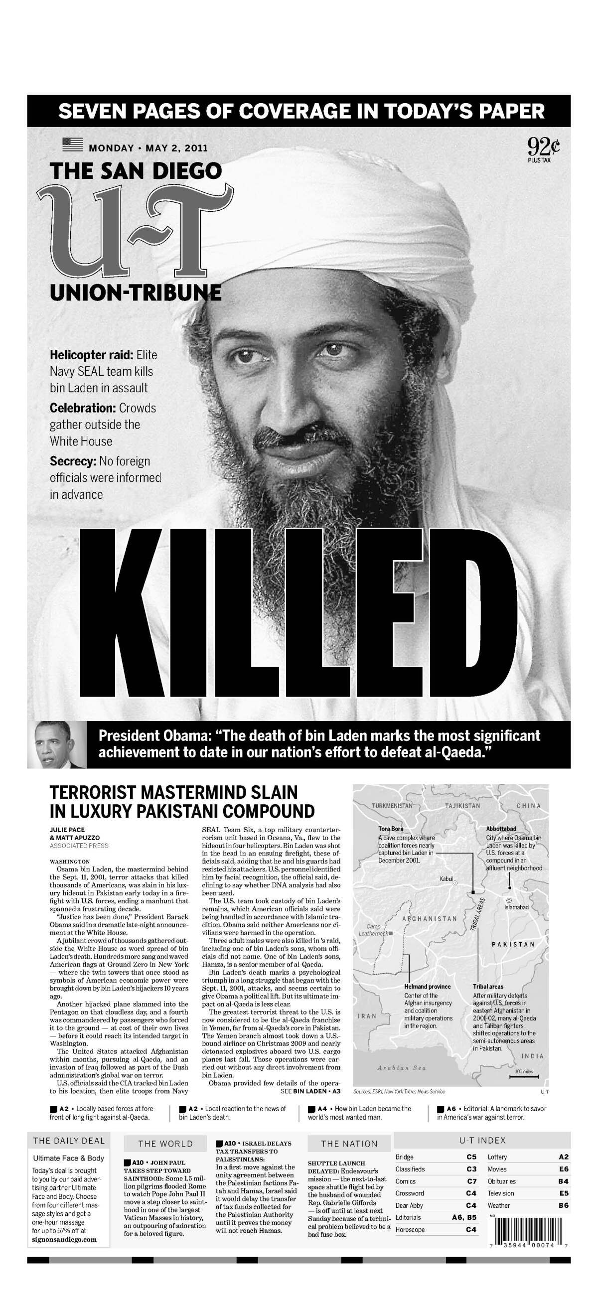Osama bin Laden killed, U-T San Diego front page, May 2, 2011.