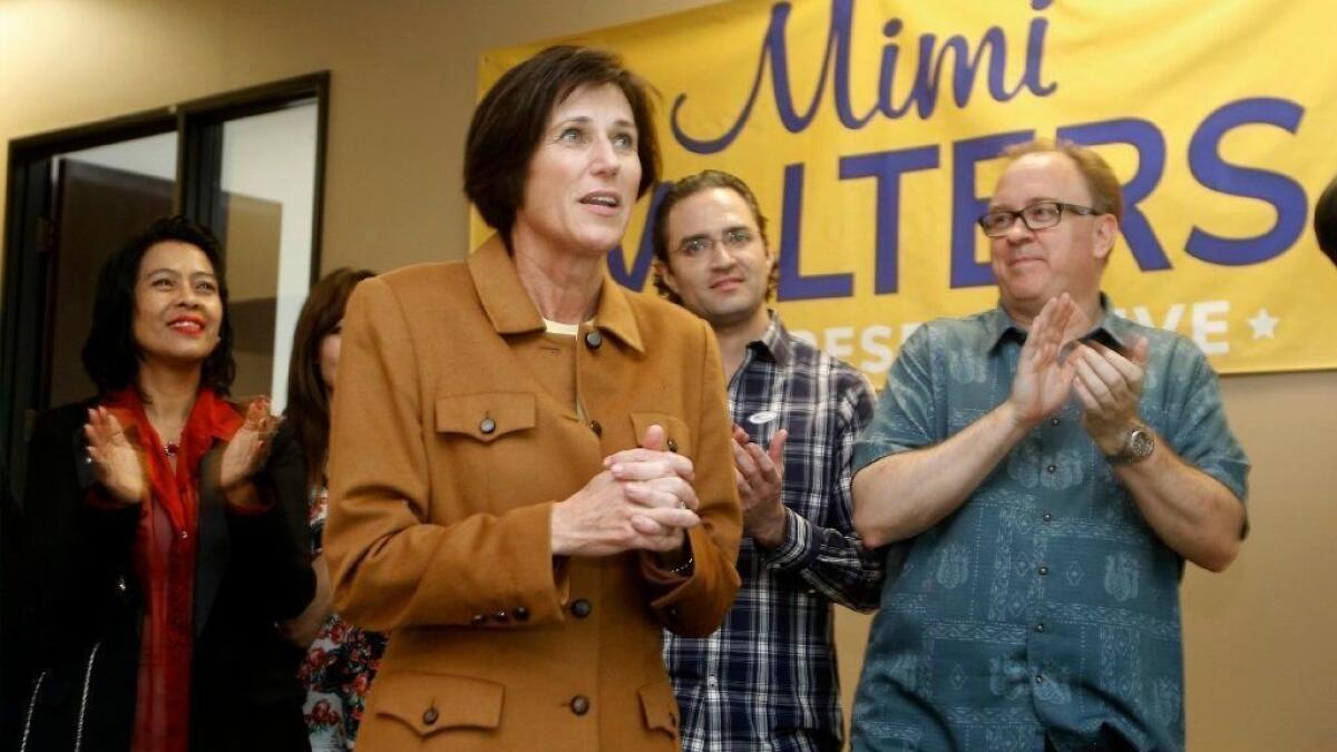 Rep. Mimi Walters thanks supporters as she watches results come in on election night in Irvine.