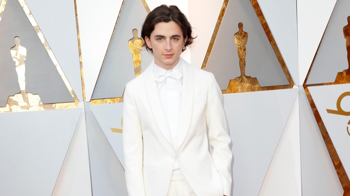 Timothée Chalamet on the 90th Academy Awards red carpet in Los Angeles on Sunday.