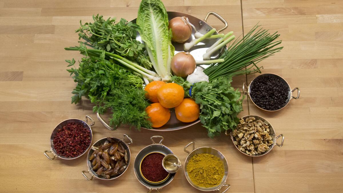 A selection of ingredients used to make traditional dishes that celebrate Nowruz, the Persian and Zoroastrian New Year celebration.