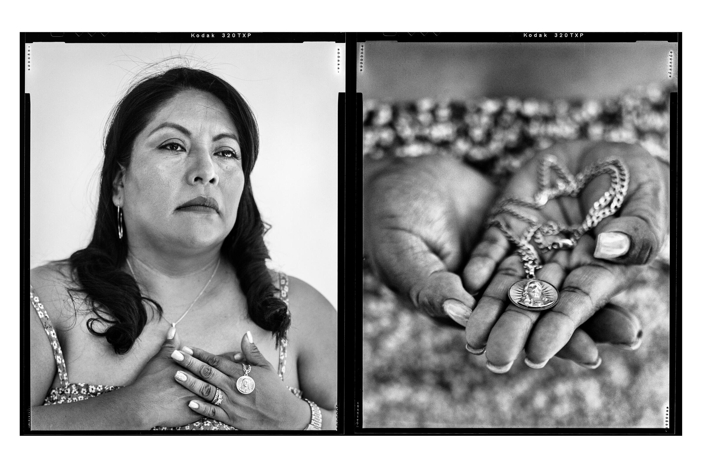 Side-by-side photos of a woman holding a necklace to her heart, left, and a closeup of the necklace in her hands, right