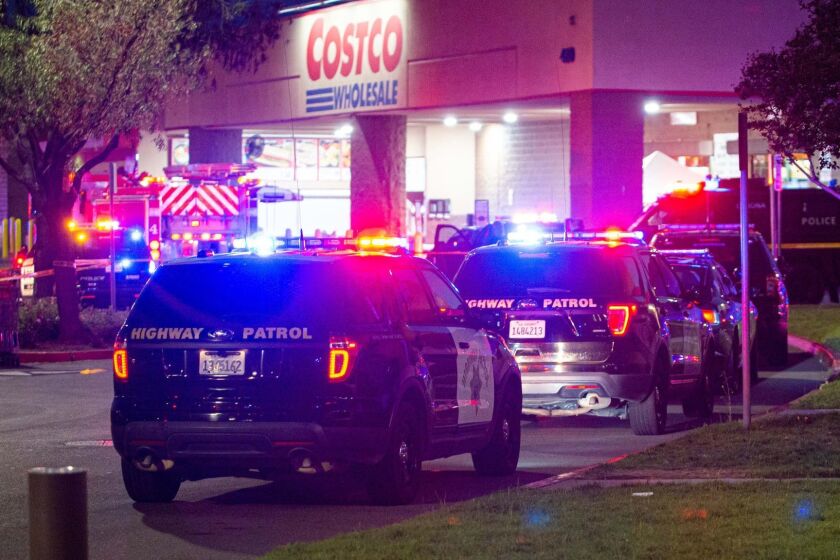 Shooting that occurred tonight inside a Costco in Corona, C.A. Multiple victims were transported by ambulance and at least one person was left dead inside the store. On June 14, 2019. (Patrick Smith/For the Times)