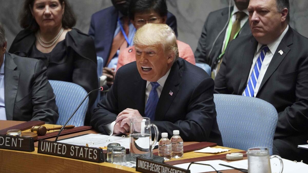 President Trump speaks at a meeting of the U.N. Security Council on Wednesday.