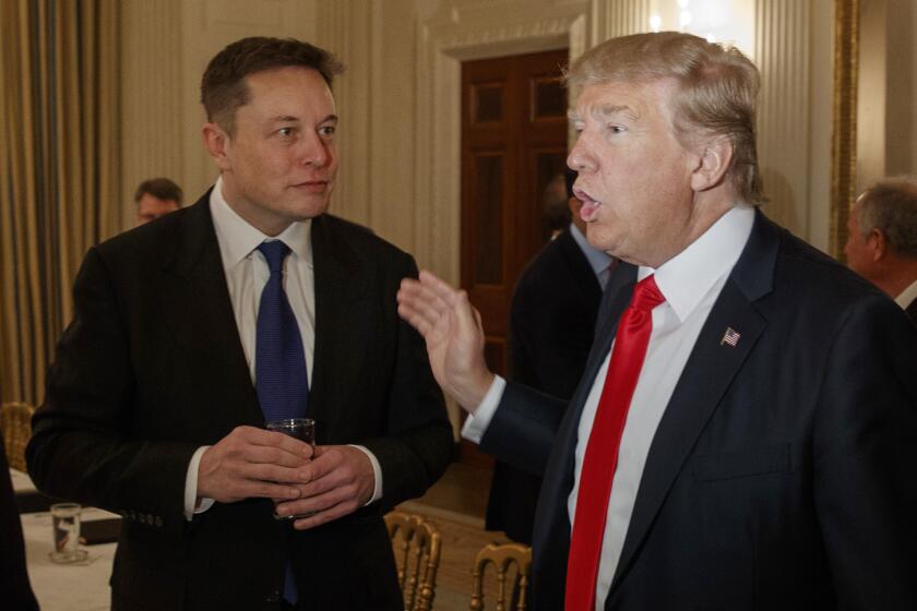 ARCHIVO - El presidente Donald Trump, a la derecha, habla con el director general de Tesla y SpaceX, Elon Musk, en la Casa Blanca, en Washington, el 3 de febrero de 2017. (Foto AP/Evan Vucci, Archivo)